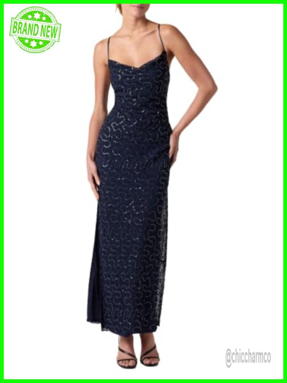 Lace Cowl Neck Sleeveless Maxi Dress Open Back Side Slit